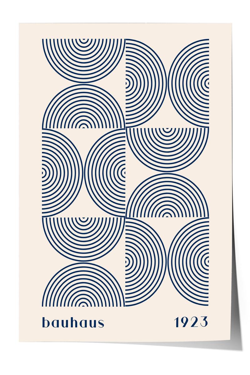A poster featuring a repeating pattern of blue circles and lines, with the text "bauhaus 1923" below the design.