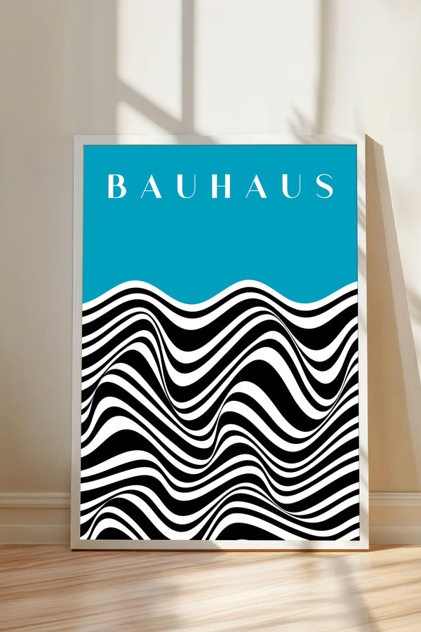 a poster with a striking design of black and white stripes on a blue background, resembling the iconic Bauhaus logo.