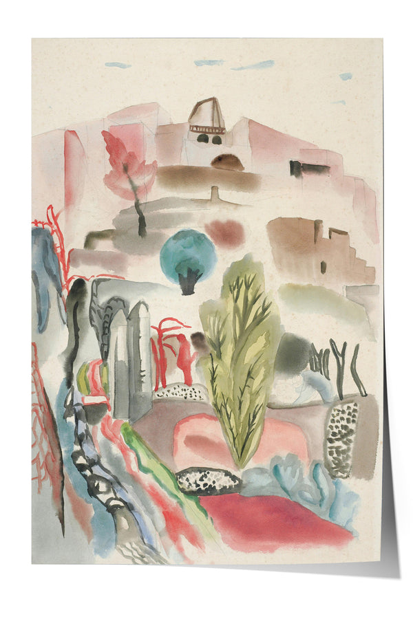The image is a watercolor painting featuring a colorful, abstract landscape with various shapes, textures, and colors.