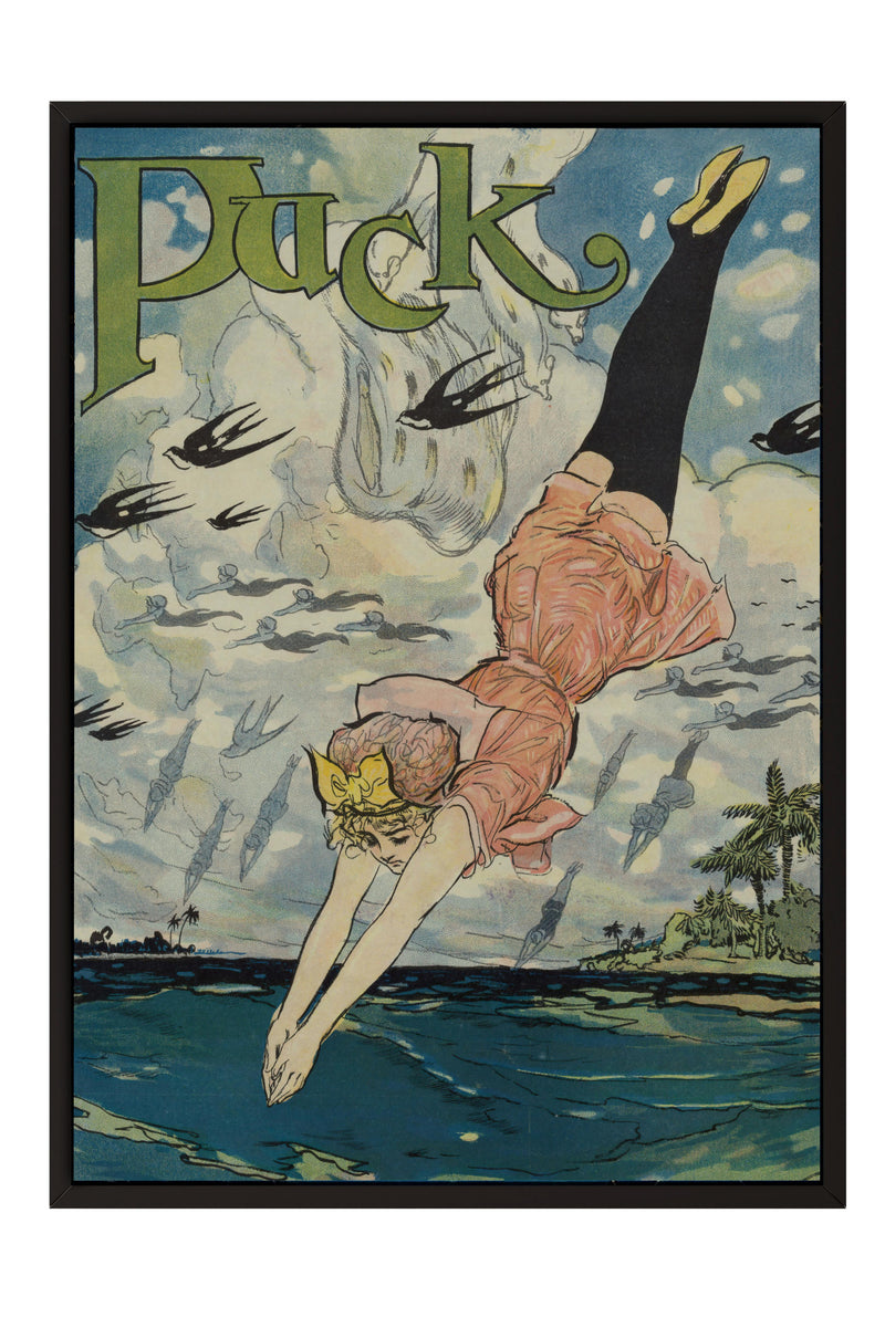 The image is a vintage poster featuring a woman in a pink dress diving into the ocean, surrounded by birds and clouds.