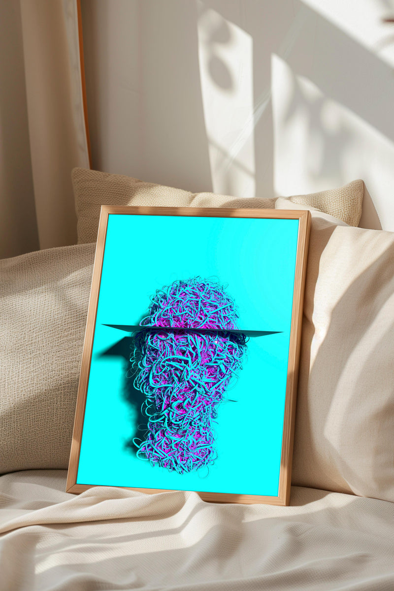 a framed artwork depicting a colorful abstract design with a blue background and a purple and blue patterned element.