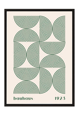 The image is a framed poster featuring a repeating pattern of green circles and lines, with the text "bauhaus 1923" below the design.