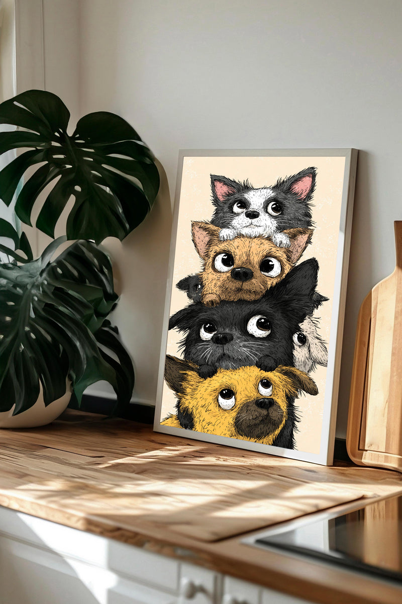 A framed illustration of a group of cartoon-like dogs peeking out from behind each other, with a wooden counter and a potted plant in the background.