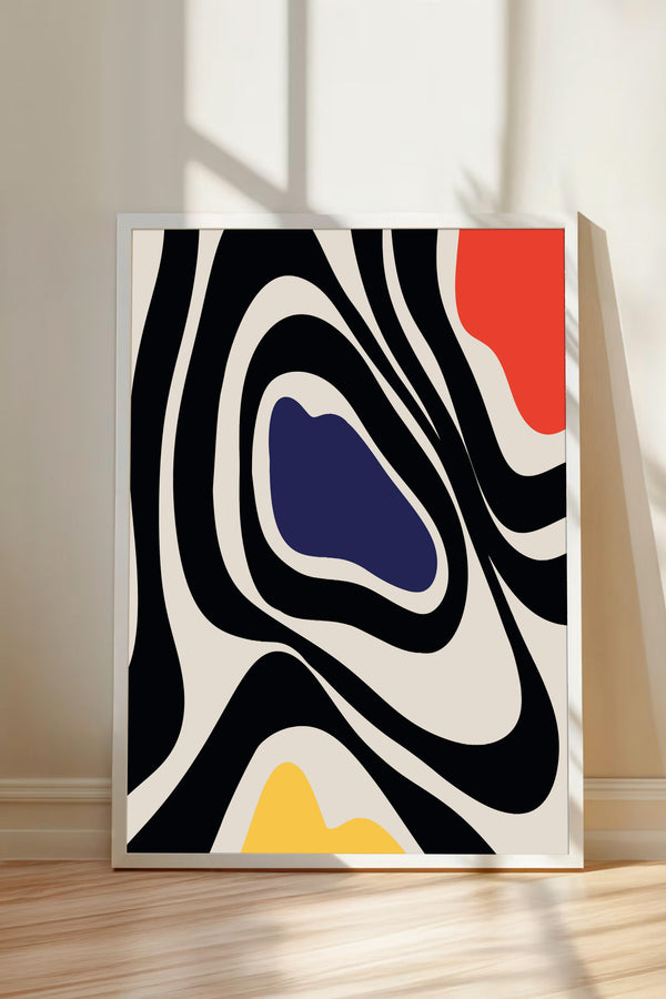 a modern abstract art piece with bold black and white stripes and splashes of color, including red, blue, and yellow.