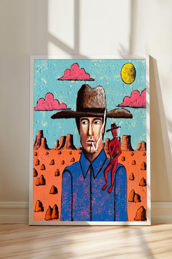 The image is a painting depicting a cowboy standing in a desert landscape with mountains in the background.