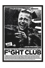 The image is a black and white poster featuring a close-up of a man with a wide smile, appearing to be in a fighting stance. The poster is promoting the film "Fight Club" and includes text that describes the film as a "conventional narrative" and a "confrontation between a soldier and a soldierman".