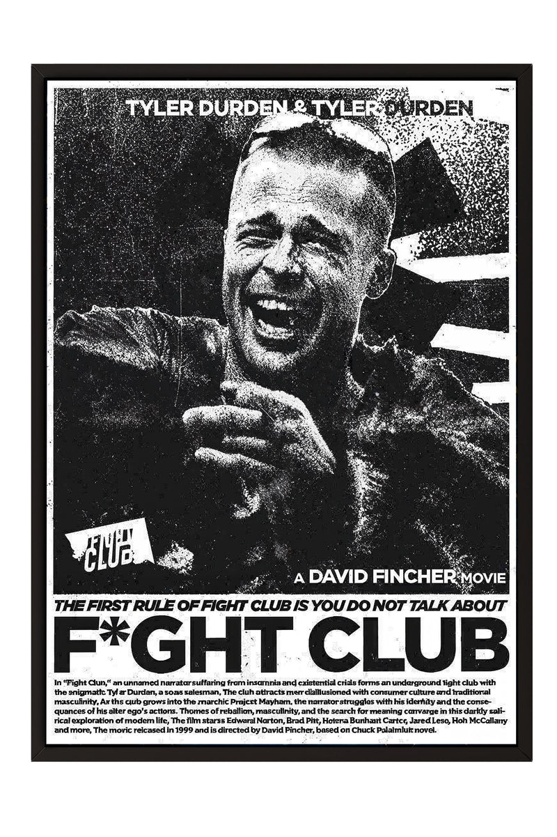 The image is a black and white poster featuring a close-up of a man with a wide smile, appearing to be in a fighting stance. The poster is promoting the film "Fight Club" and includes text that describes the film as a "conventional narrative" and a "confrontation between a soldier and a soldierman".
