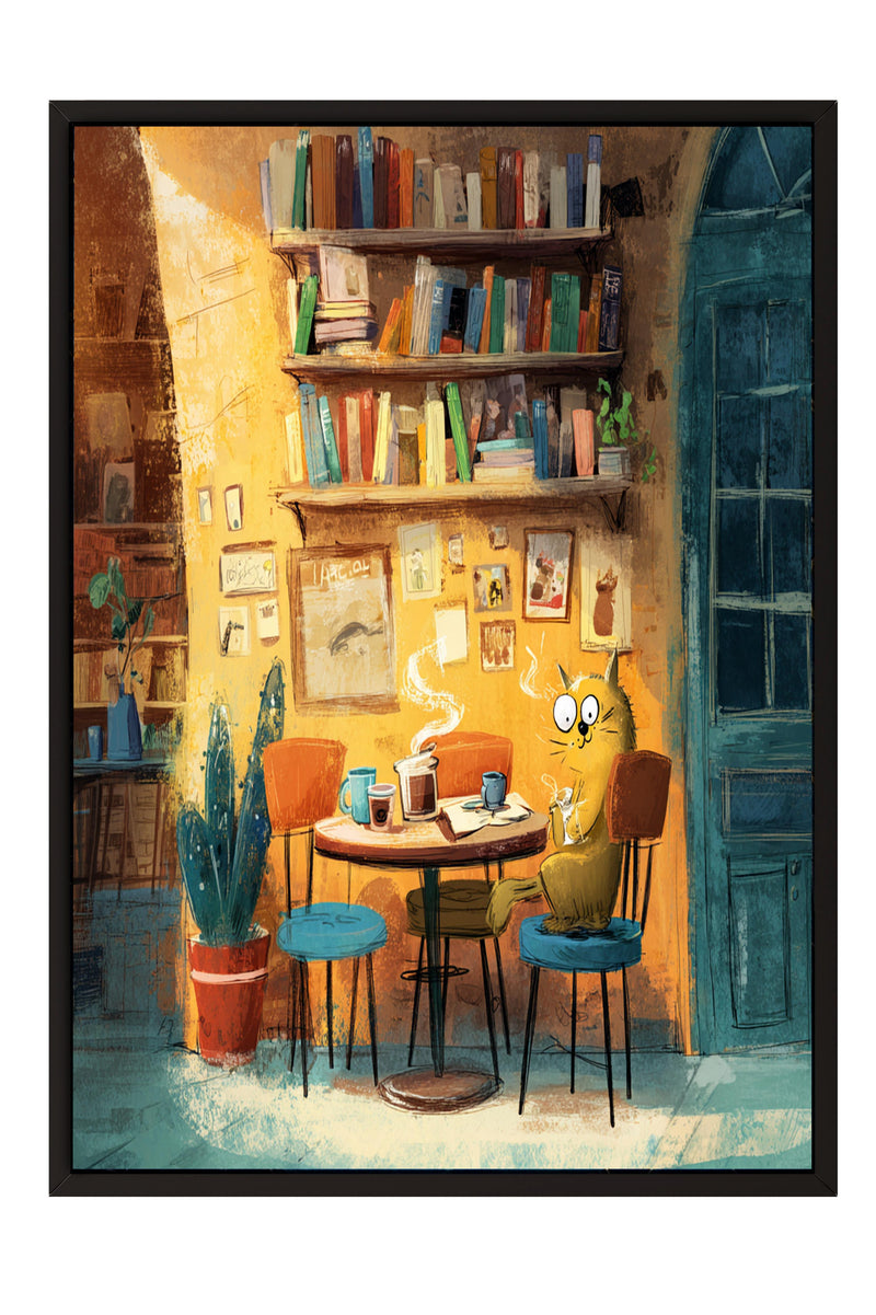 A whimsical scene of a cat sitting at a table in a cozy room, surrounded by bookshelves, plants, and a table with a cup and saucer.