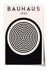 The image is a poster featuring a minimalist design with a large circular element in the center, surrounded by concentric circles in varying shades of black and white. The text "BAHAUX 1923" is displayed above the central design.