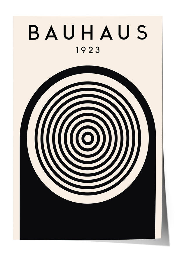 The image is a poster featuring a minimalist design with a large circular element in the center, surrounded by concentric circles in varying shades of black and white. The text "BAHAUX 1923" is displayed above the central design.