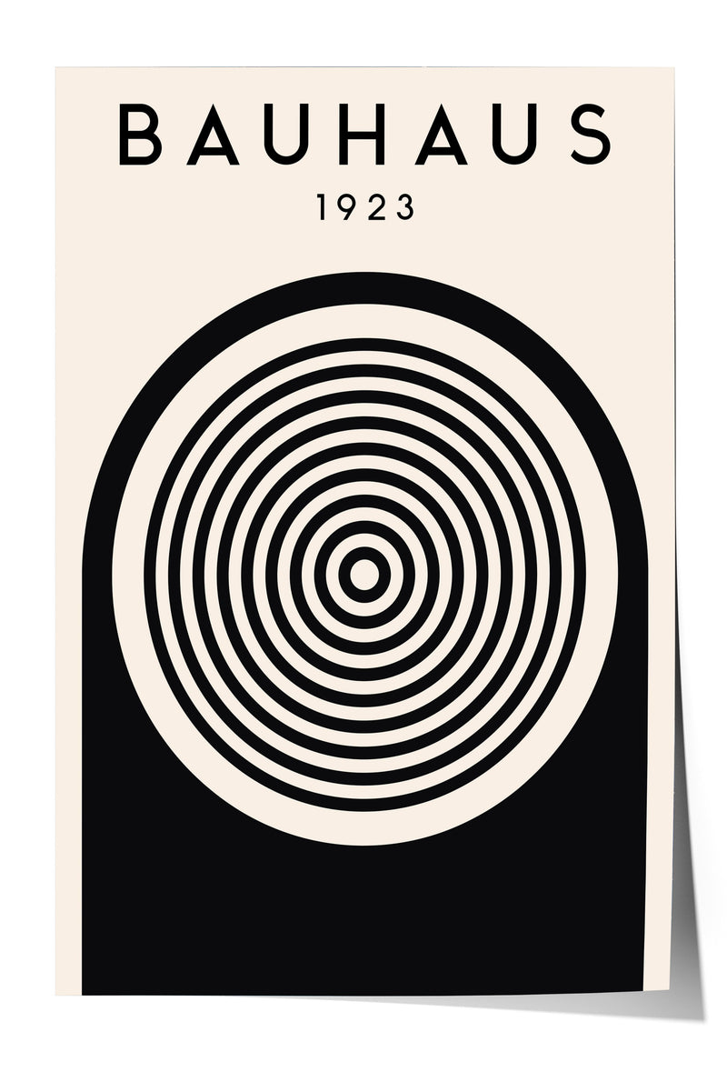 The image is a poster featuring a minimalist design with a large circular element in the center, surrounded by concentric circles in varying shades of black and white. The text "BAHAUX 1923" is displayed above the central design.