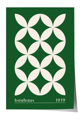 A minimalist poster with a geometric design of white circles arranged in a repeating pattern against a green background.