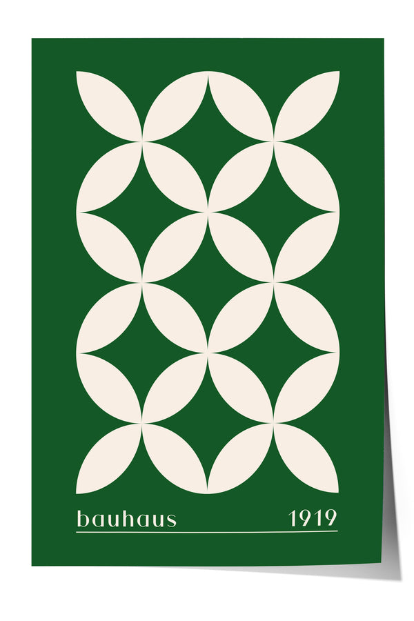 A minimalist poster with a geometric design of white circles arranged in a repeating pattern against a green background.