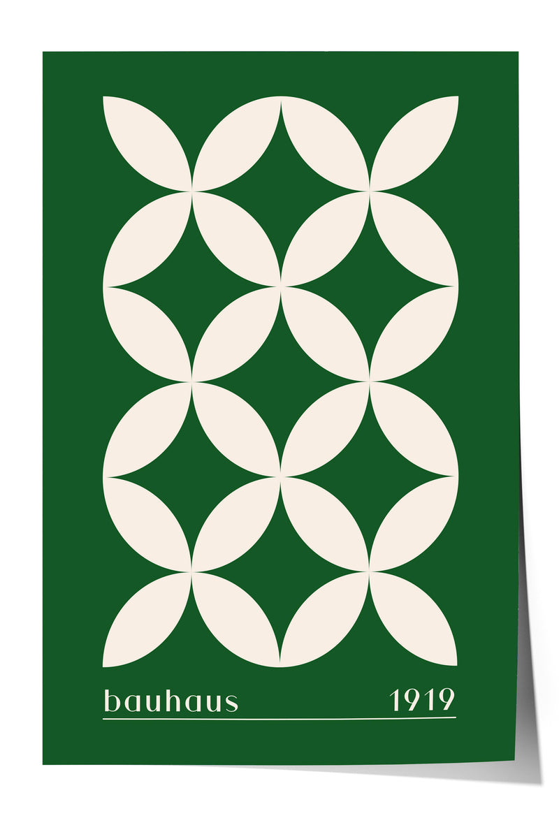A minimalist poster with a geometric design of white circles arranged in a repeating pattern against a green background.