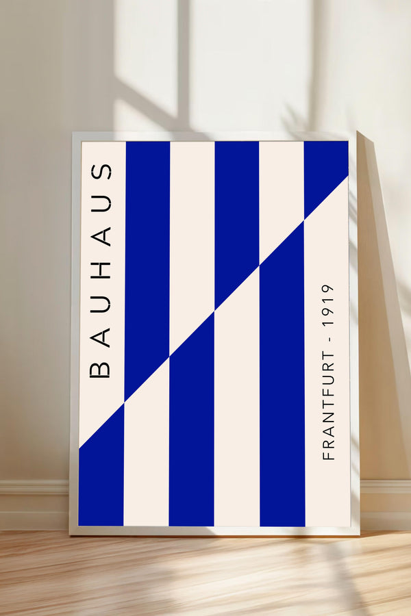 a minimalist poster with a bold geometric design in blue and white stripes.