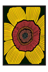 The image is a vibrant and detailed illustration of a large flower with a striking red center surrounded by yellow petals.