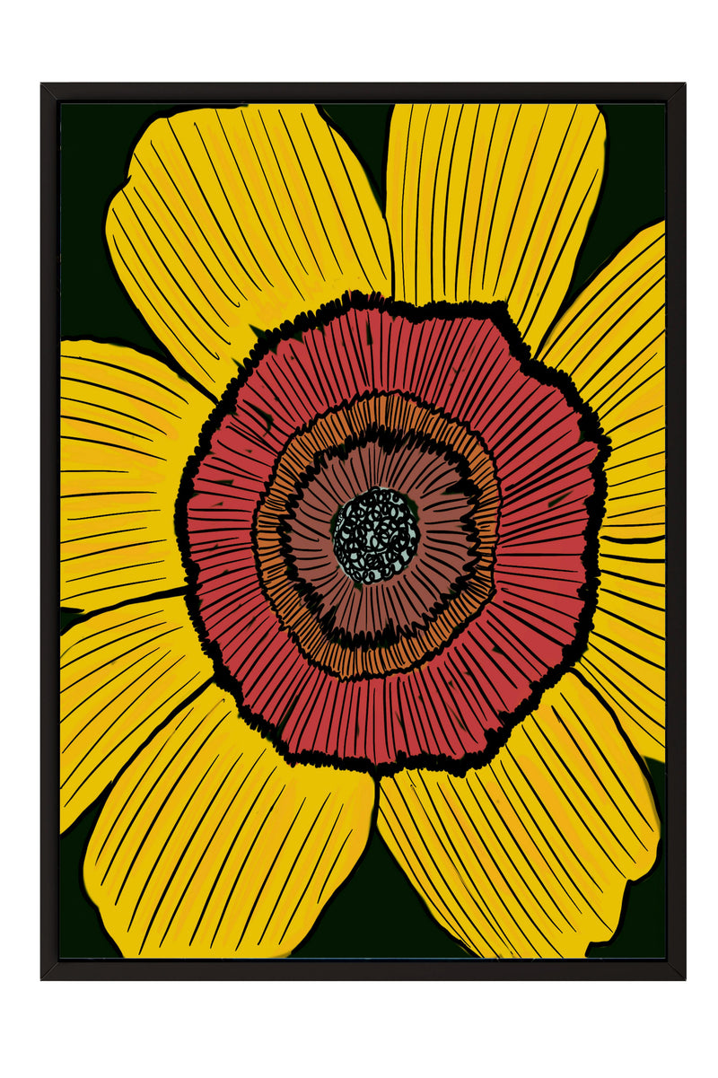 The image is a vibrant and detailed illustration of a large flower with a striking red center surrounded by yellow petals.