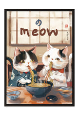Two cats sitting at a table, one eating noodles and the other looking at the camera, with the word "meow" written above them.
