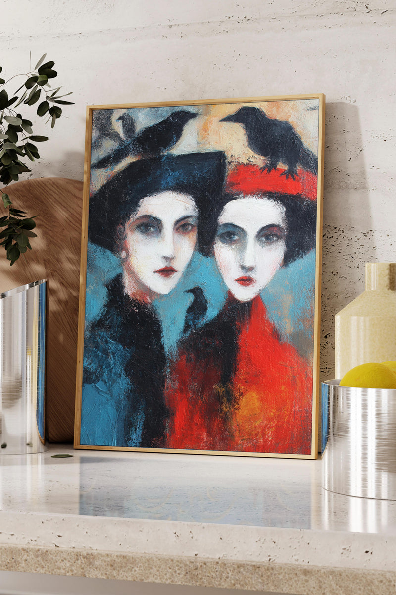 a framed painting of two women with striking, colorful makeup and hairstyles, set against a vibrant background.