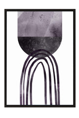 The image is a framed abstract art piece featuring a large, dark purple circle with a series of curved lines extending from it, creating a sense of movement and depth.