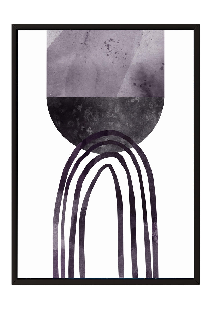 The image is a framed abstract art piece featuring a large, dark purple circle with a series of curved lines extending from it, creating a sense of movement and depth.