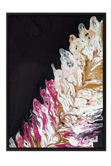 The image is an abstract painting with a striking contrast of black and white colors, featuring a dynamic and swirling design.