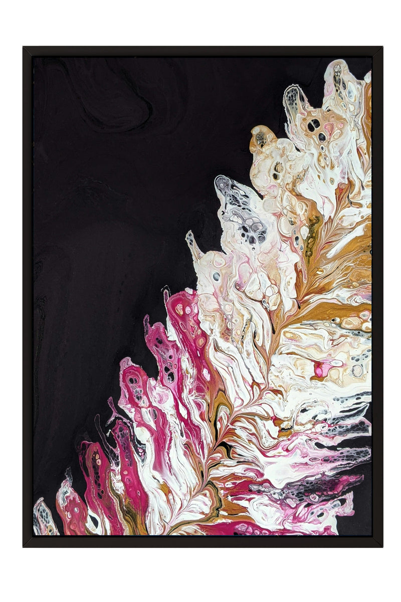 The image is an abstract painting with a striking contrast of black and white colors, featuring a dynamic and swirling design.