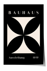 The image is a poster for the Bauhaus art school, featuring a minimalist design with a large geometric shape in the center.