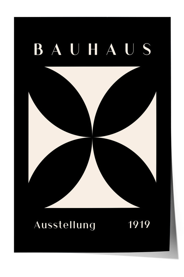 The image is a poster for the Bauhaus art school, featuring a minimalist design with a large geometric shape in the center.