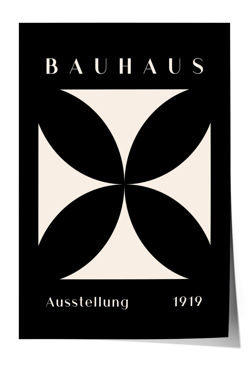 The image is a poster for the Bauhaus art school, featuring a minimalist design with a large geometric shape in the center.