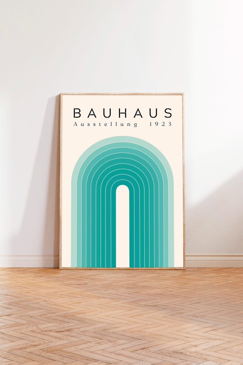 a minimalist poster of Bauhaus, a renowned art school founded in 1933, with a geometric design in shades of blue and green.