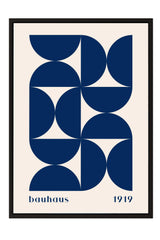 The image is a framed poster featuring a geometric design with blue circles and lines arranged in a repeating pattern.