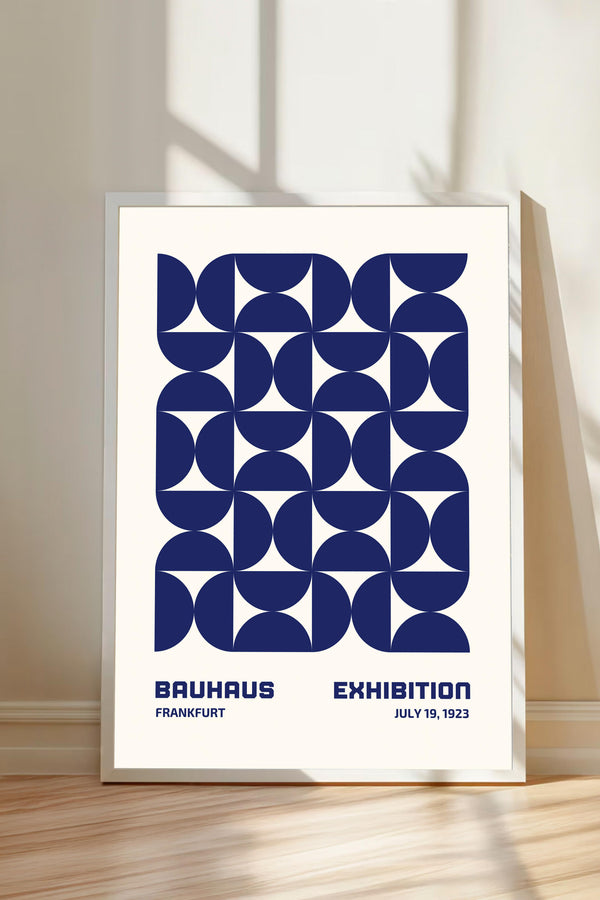 The image is a framed poster for the Bauhaus exhibition in Frankfurt, Germany, which took place from July 19, 1923.