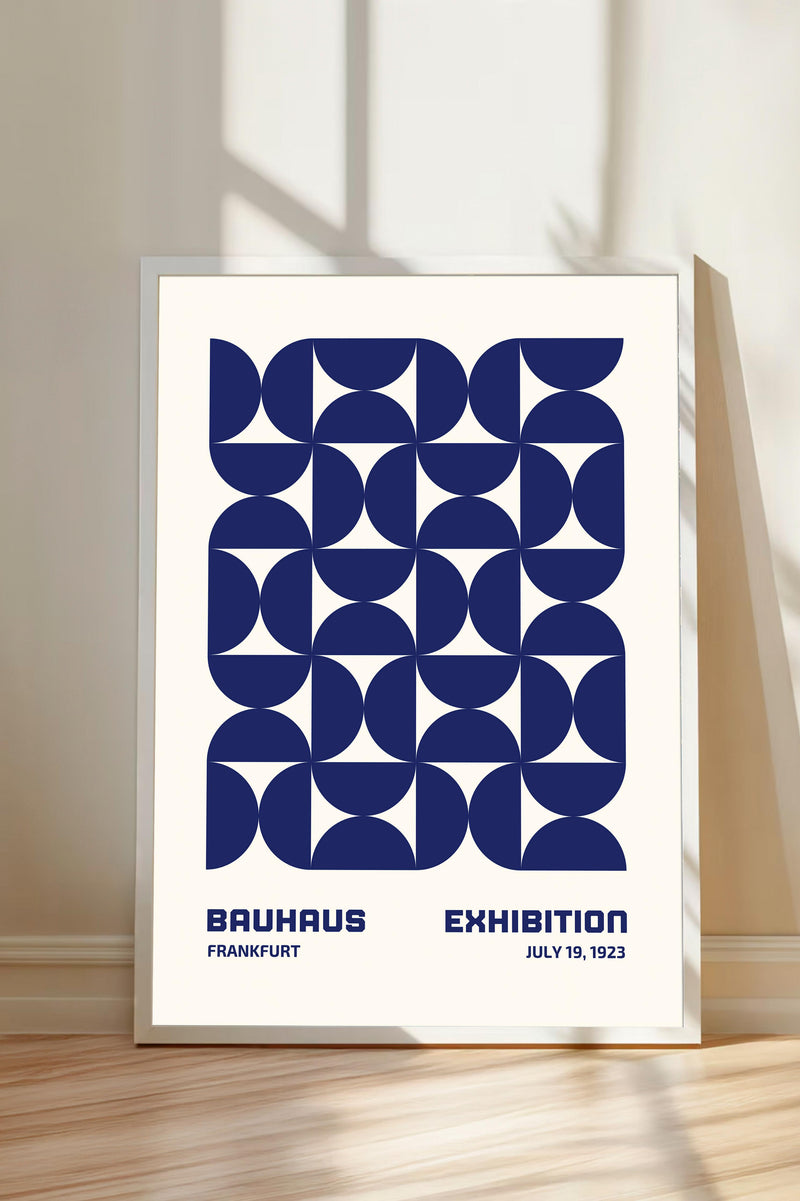 The image is a framed poster for the Bauhaus exhibition in Frankfurt, Germany, which took place from July 19, 1923.