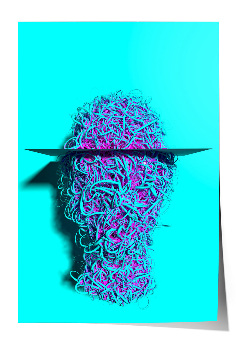 a vibrant, abstract representation of a head composed of a multitude of colorful, tangled strands of hair or yarn, set against a bright blue background.
