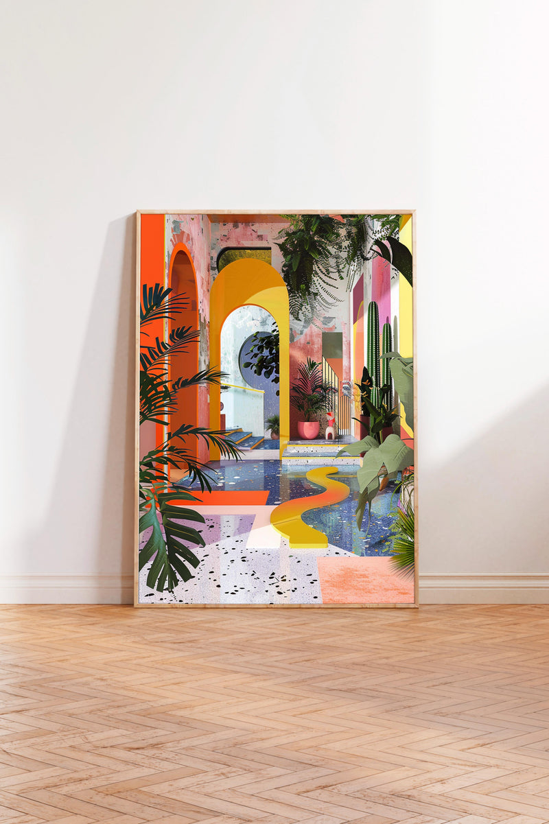The image is a vibrant and colorful abstract painting displayed on a white wall in a room with a wooden floor.