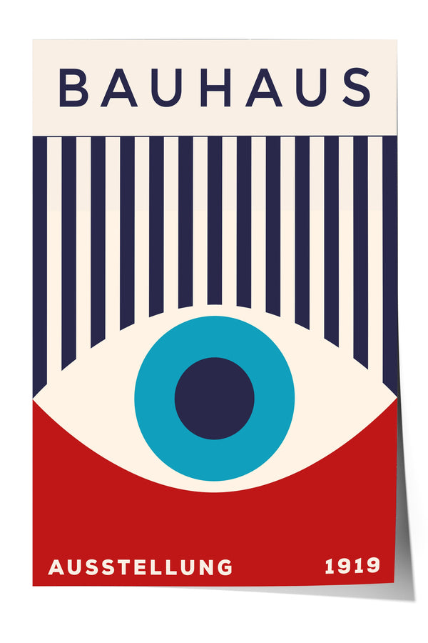 The image is a poster for the Bauhaus art school in 1919. It features a stylized eye design with vertical stripes and a red background.