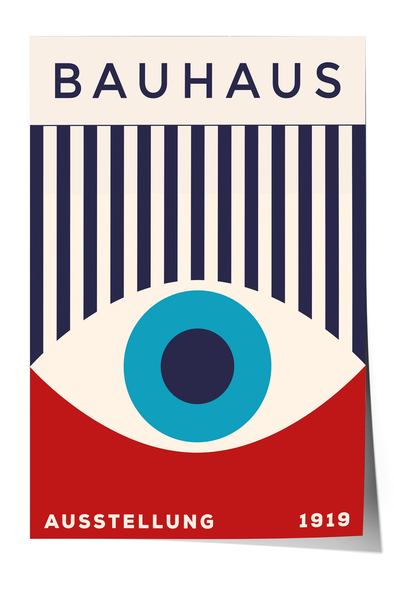The image is a poster for the Bauhaus art school in 1919. It features a stylized eye design with vertical stripes and a red background.
