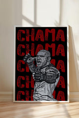a man in a fighting stance, with the word "CHAM" repeated in red letters against a black background.