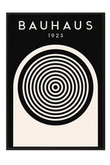 The image is a poster featuring the name "BAHAUX" and the year "1923" in white text, along with a black and white abstract design consisting of concentric circles.