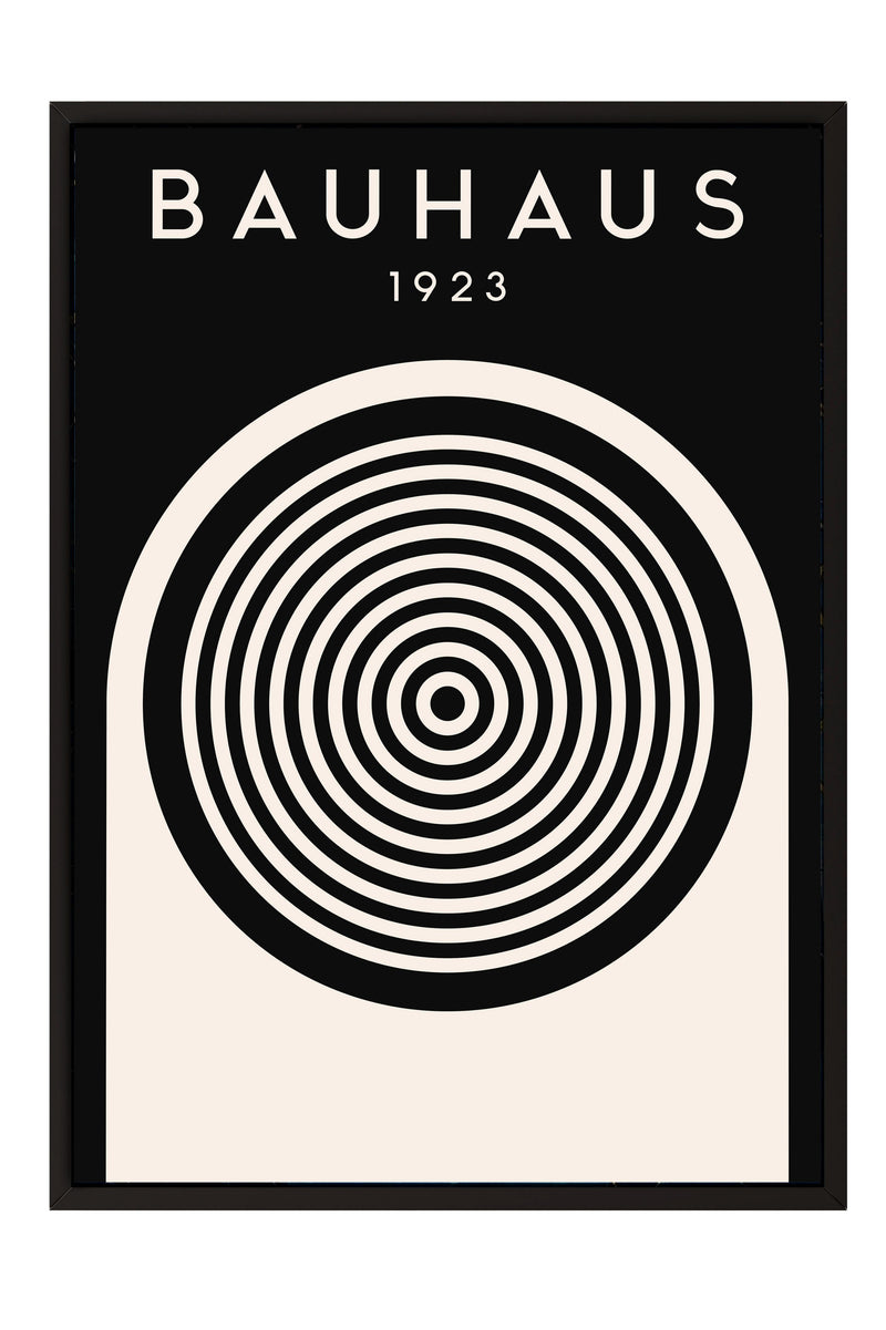 The image is a poster featuring the name "BAHAUX" and the year "1923" in white text, along with a black and white abstract design consisting of concentric circles.