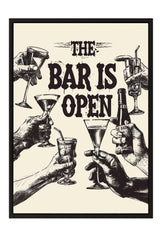 The image is a black and white illustration featuring hands holding various types of alcoholic beverages, such as wine glasses and bottles, with the text "THE BAR IS OPEN" prominently displayed.
