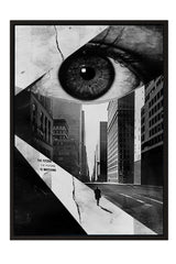 The image is a black and white photograph of a city street with a large eye in the center, surrounded by tall buildings.