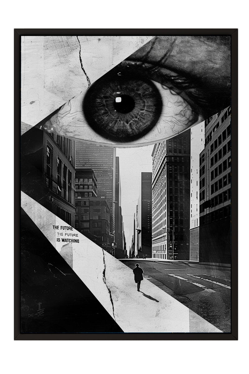 The image is a black and white photograph of a city street with a large eye in the center, surrounded by tall buildings.