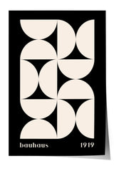The image is a minimalist poster featuring a geometric design with a repeating pattern of circles and lines in black and white.