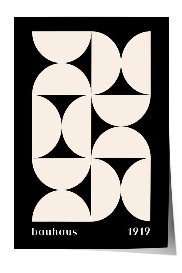 The image is a minimalist poster featuring a geometric design with a repeating pattern of circles and lines in black and white.