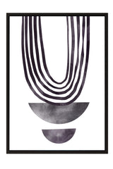 a minimalist design with a central line of black lines that extends upwards, creating a sense of movement and rhythm. Below this central line, there are two gray circles, one larger than the other, which appear to be part of the same composition. The overall design has a clean and simple aesthetic, with the use of black and gray colors creating a sense of balance and harmony.