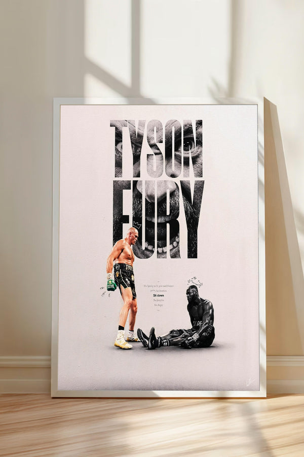 The image is a framed poster featuring a black and white illustration of two men, one standing and one sitting, with the text "Tyson Fury" prominently displayed.