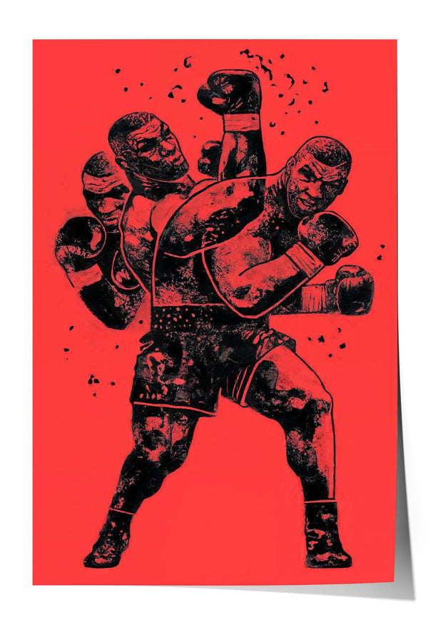 A striking black and red illustration depicting a powerful boxer in a dynamic fighting stance, surrounded by a fiery red background.