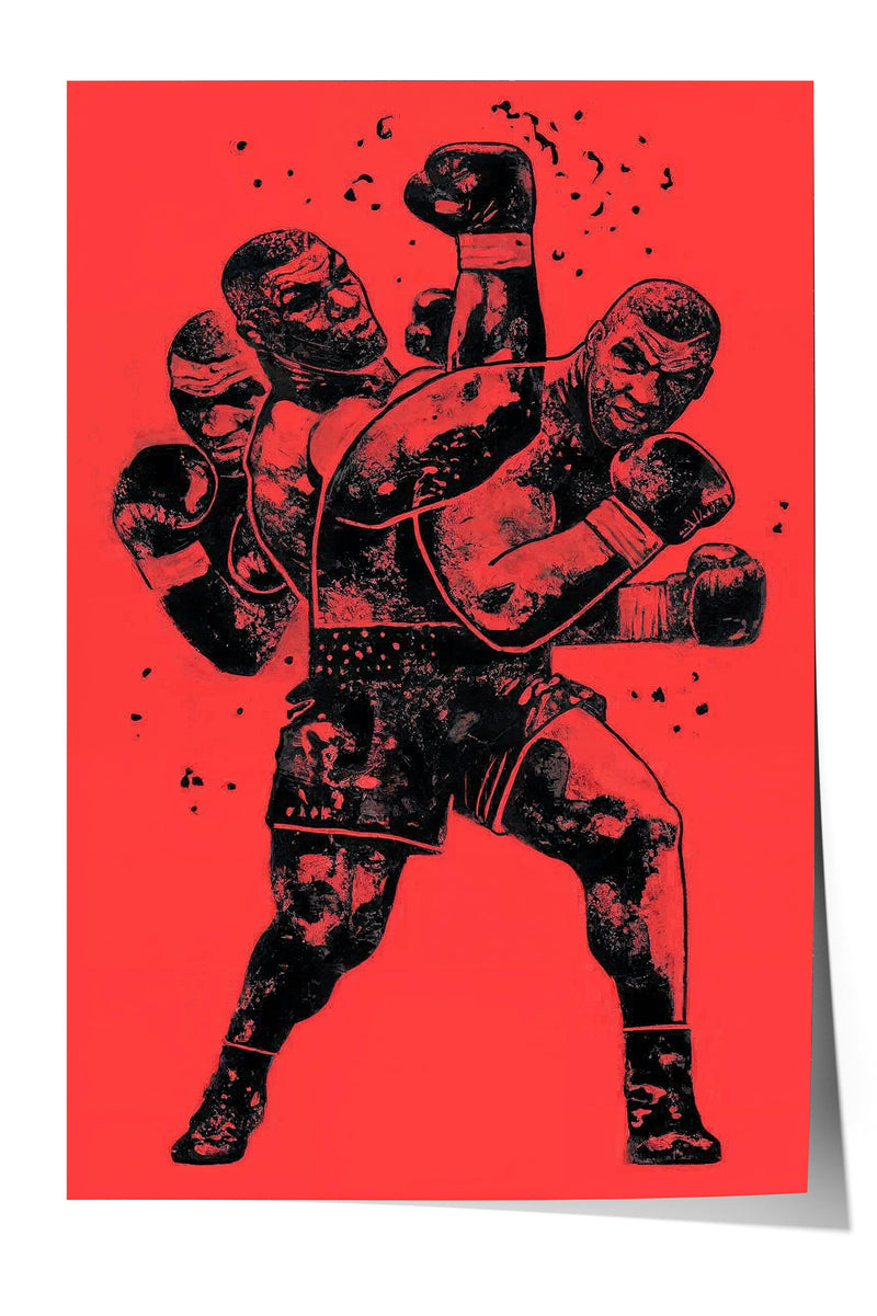 A striking black and red illustration depicting a powerful boxer in a dynamic fighting stance, surrounded by a fiery red background.